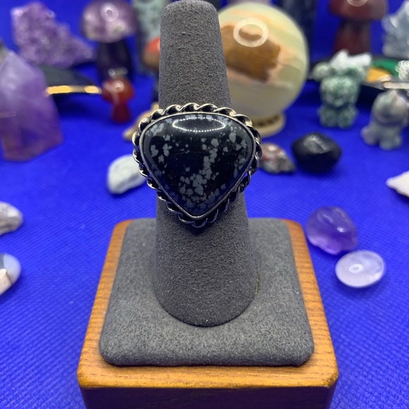 Comfort Curl ADJUSTABLE Beautiful Snowflake Obsidian Ring! .925 Sterling Overlay - Picture 2 of 16